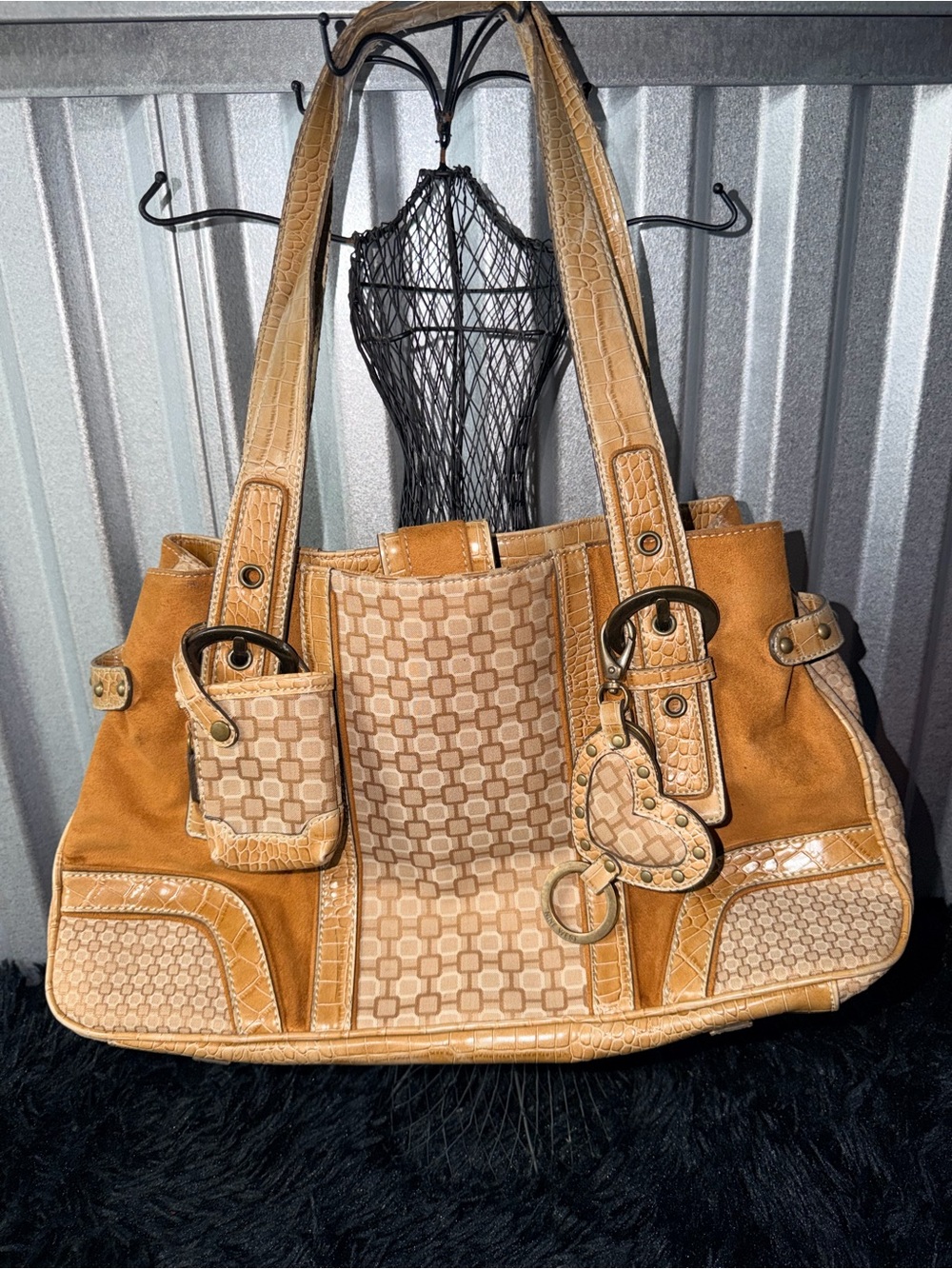 Rare VTG Y2K Nine West Geometric Monogram Shoulder Bag w Attchmts (mirror,pouch)